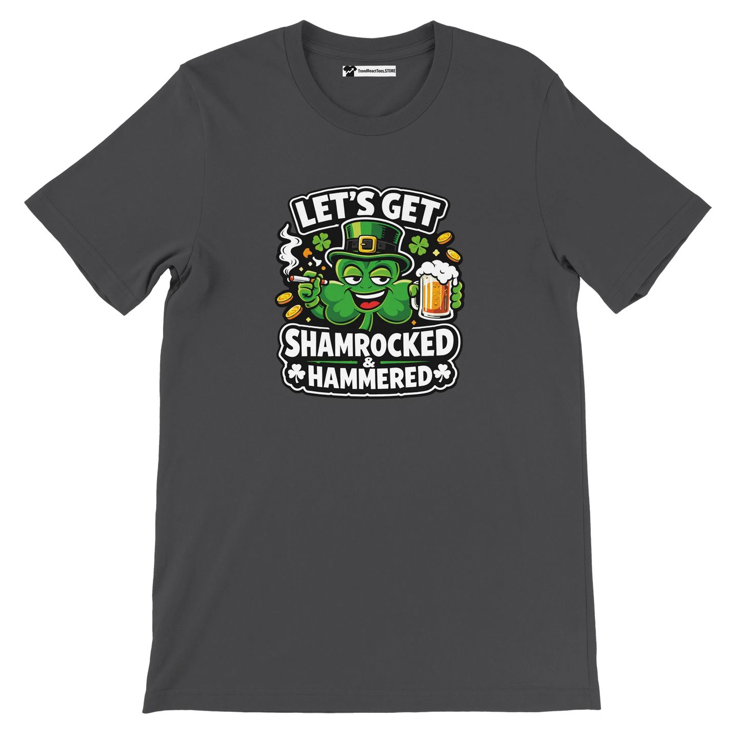 Dark gray t-shirt with cartoon shamrock, beer mug, and 'Let's Get Shamrocked & Hammered' text.