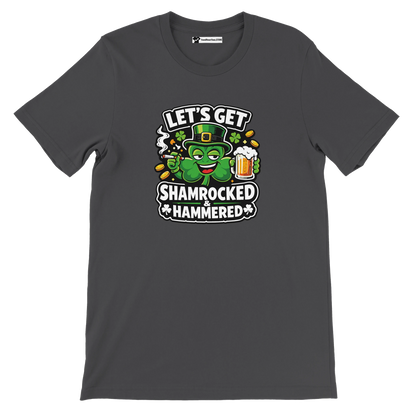 Dark gray t-shirt with cartoon shamrock, beer mug, and 'Let's Get Shamrocked & Hammered' text.