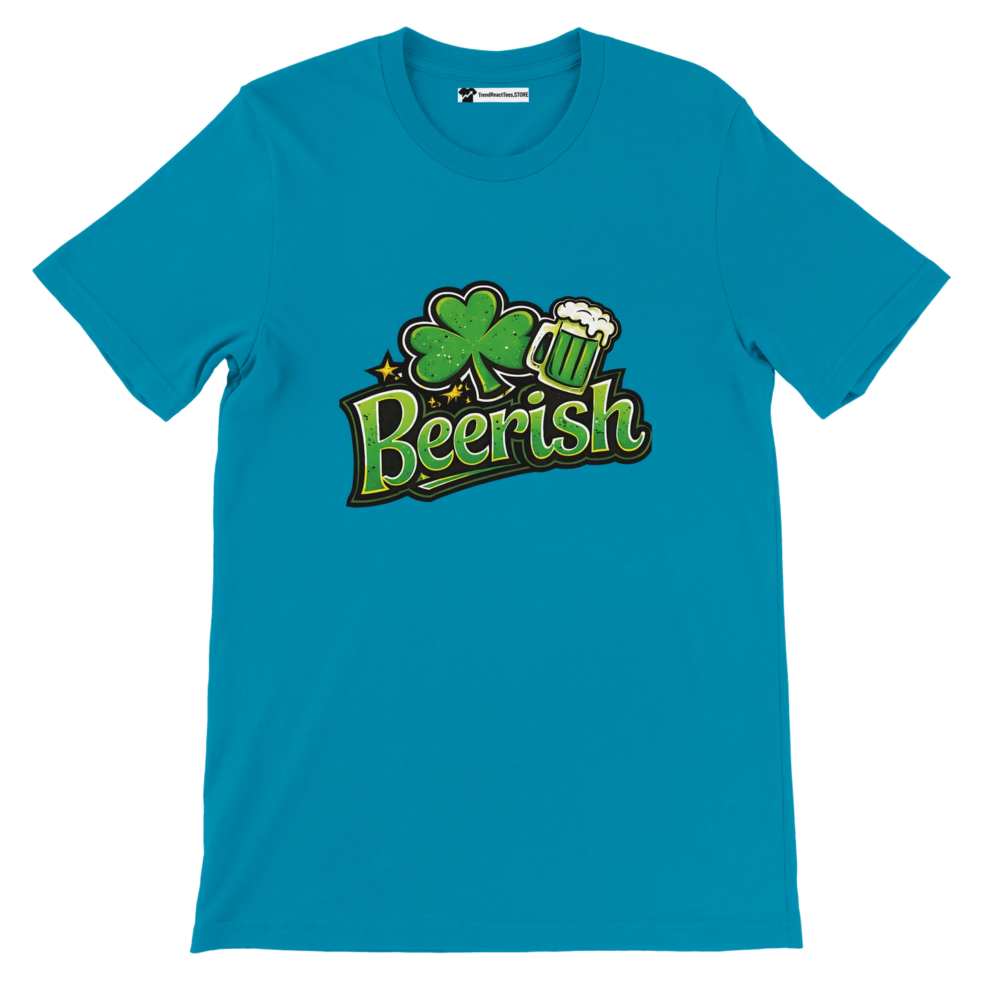 Teal t-shirt with 'Beerish' graphic, shamrock, and beer mug for St. Patrick's Day celebrations