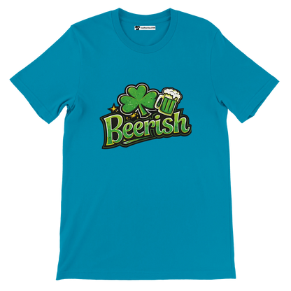 Teal t-shirt with 'Beerish' graphic, shamrock, and beer mug for St. Patrick's Day celebrations