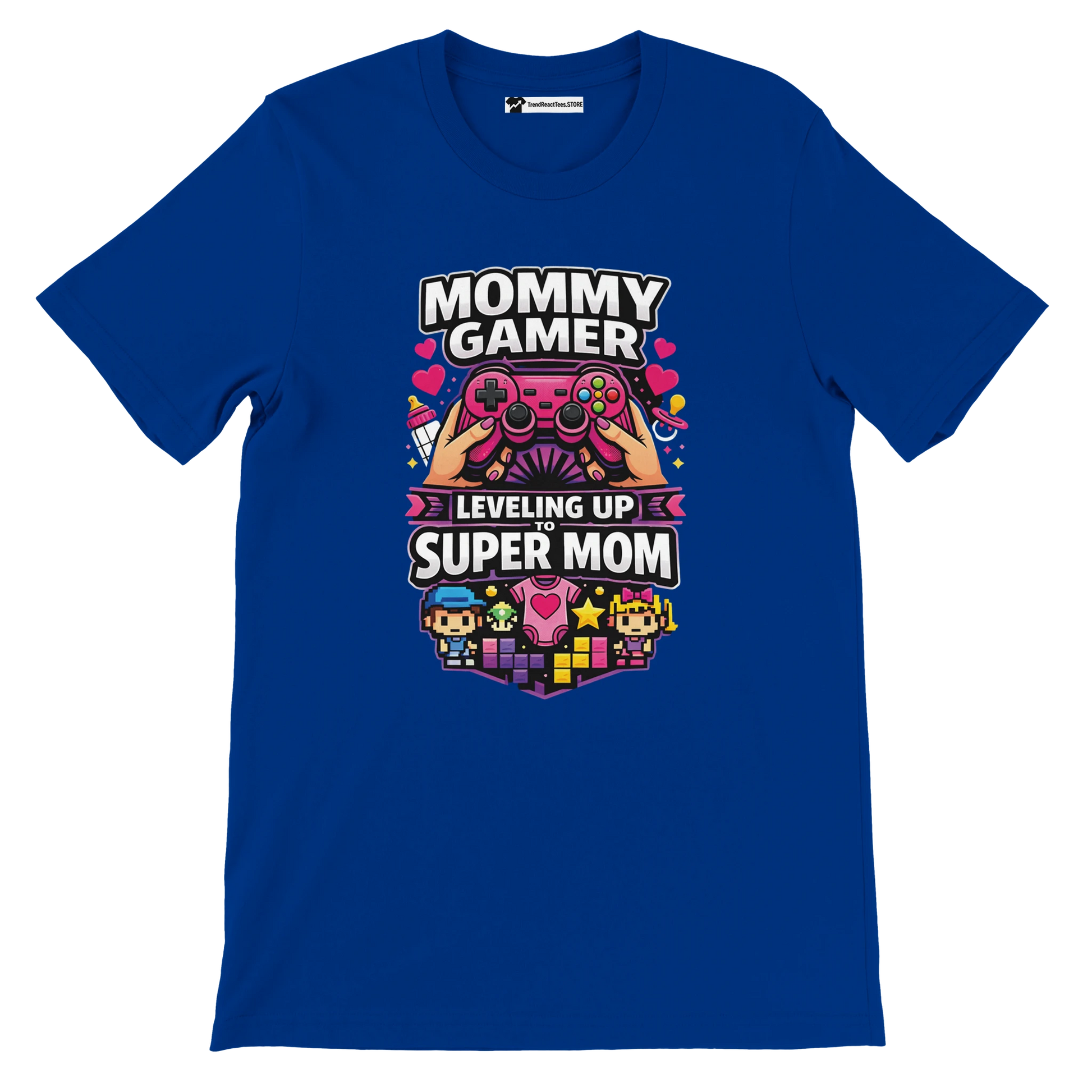 Blue anime aesthetic t-shirt with 'Mommy Gamer Leveling Up to Super Mom' graphic and cute icons.
