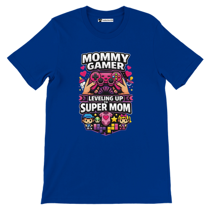 Blue anime aesthetic t-shirt with 'Mommy Gamer Leveling Up to Super Mom' graphic and cute icons.
