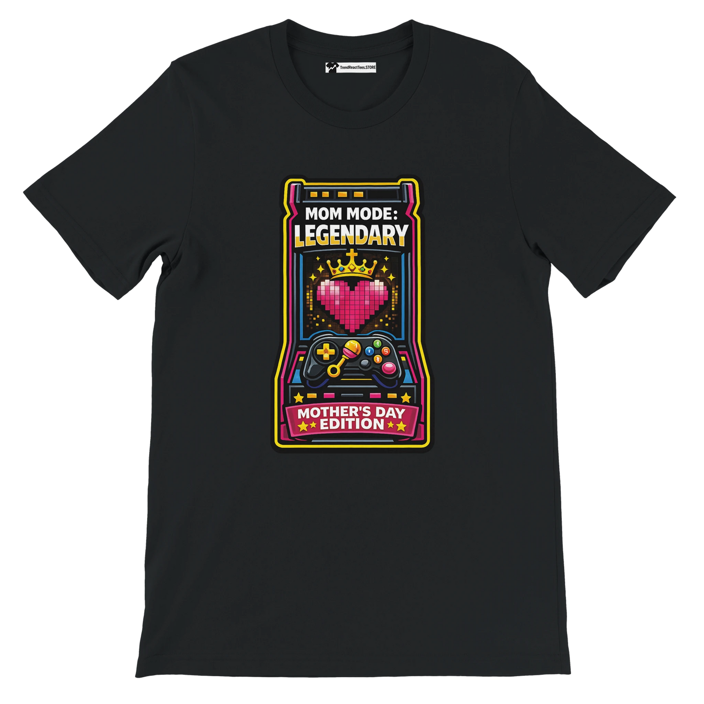 Black t-shirt with retro gaming graphic, pixel heart, and 'Mom Mode: Legendary, Mother's Day Edition' text.