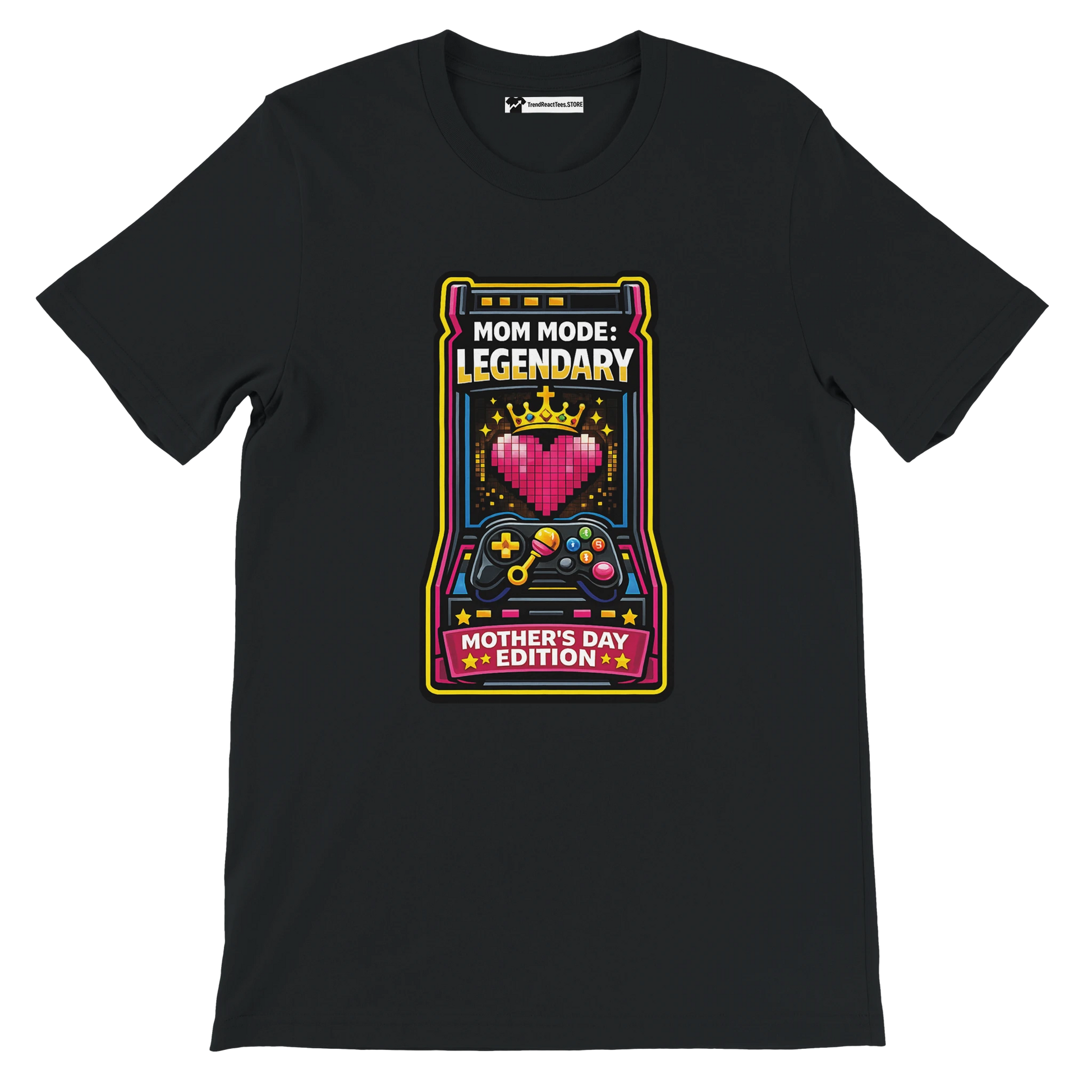 Black t-shirt with retro gaming graphic, pixel heart, and 'Mom Mode: Legendary, Mother's Day Edition' text.