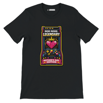Black t-shirt with retro gaming graphic, pixel heart, and 'Mom Mode: Legendary, Mother's Day Edition' text.