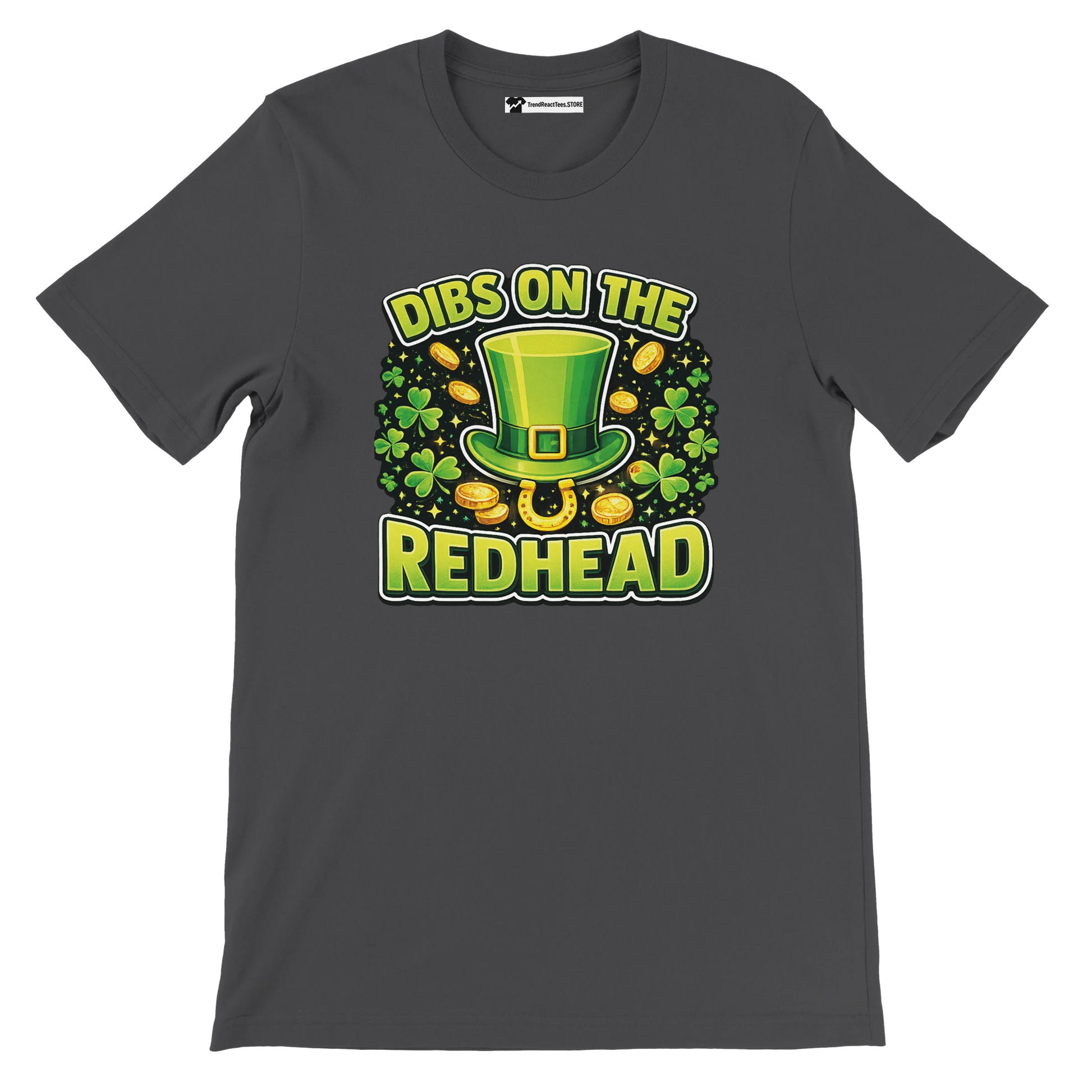 St. Patrick's Day shirt with green leprechaun hat, shamrocks, gold coins, and Dibs on the Redhead text