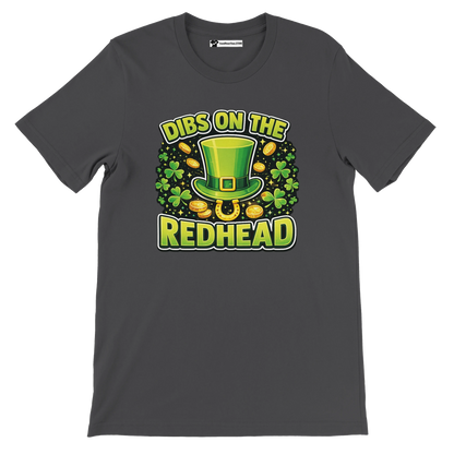 St. Patrick's Day shirt with green leprechaun hat, shamrocks, gold coins, and Dibs on the Redhead text