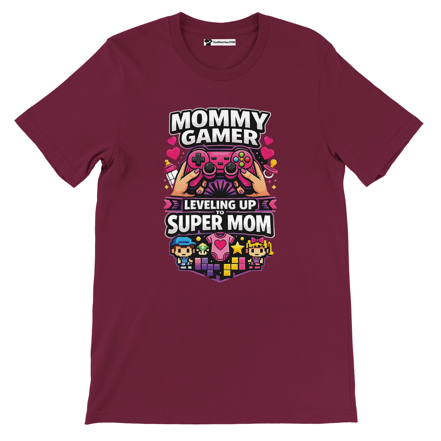 Maroon tee with 'Mommy Gamer Leveling Up to Super Mom' quote and gaming graphics