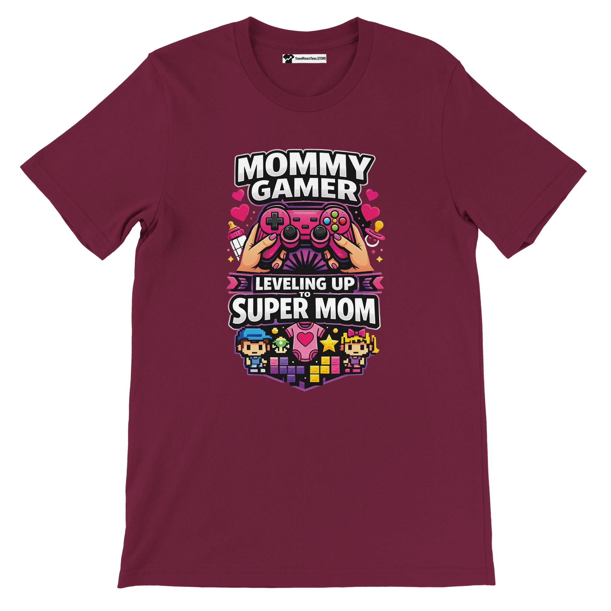 Maroon tee with 'Mommy Gamer Leveling Up to Super Mom' quote and gaming graphics