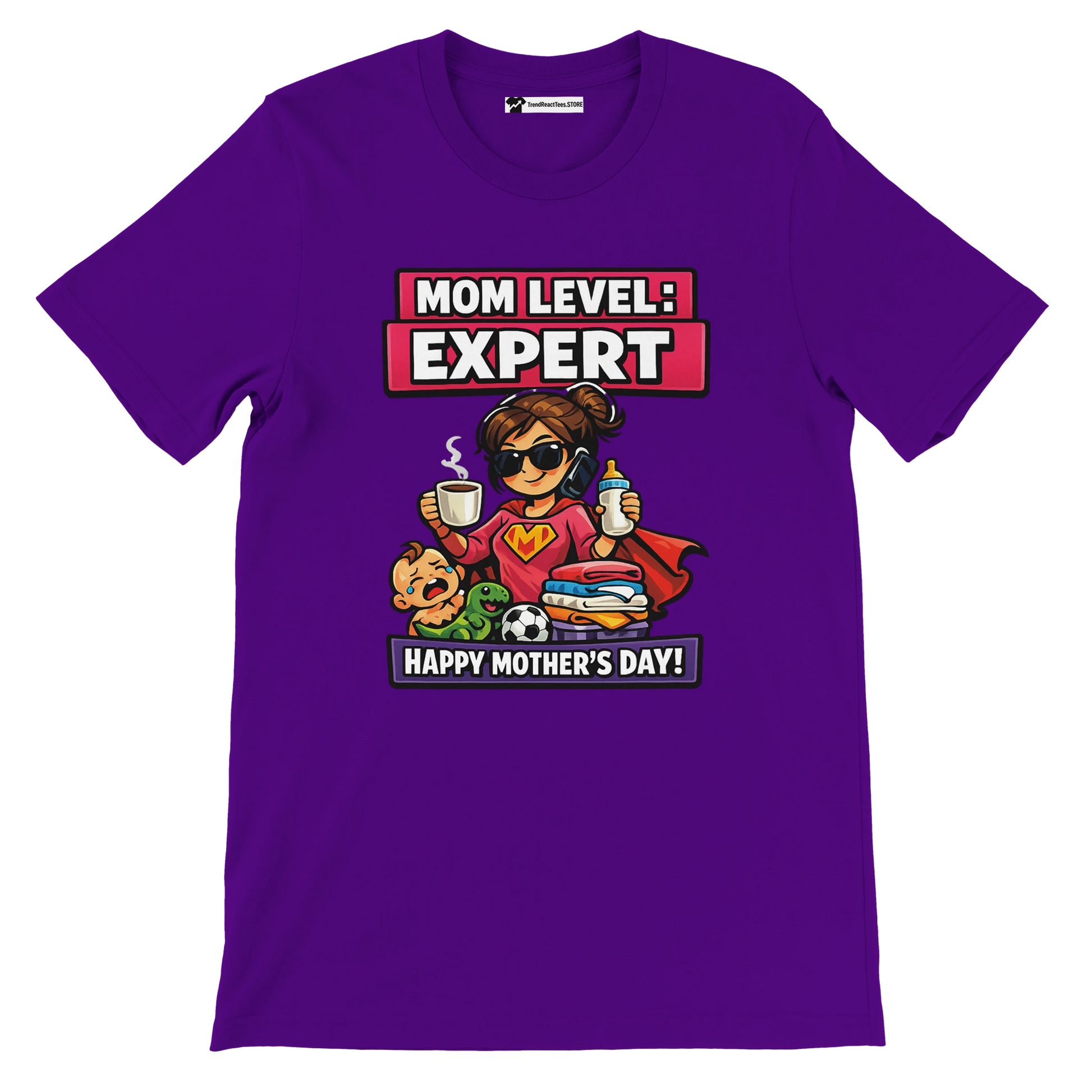Purple anime-style Mother's Day t-shirt with cartoon supermom, coffee cup, baby, and gifts, text reads 'Mom Level: Expert'.