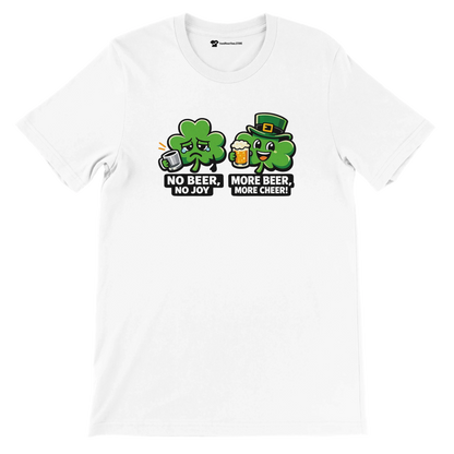 White t-shirt with two cartoon shamrocks, beer mugs, and funny St. Patrick's Day quote.