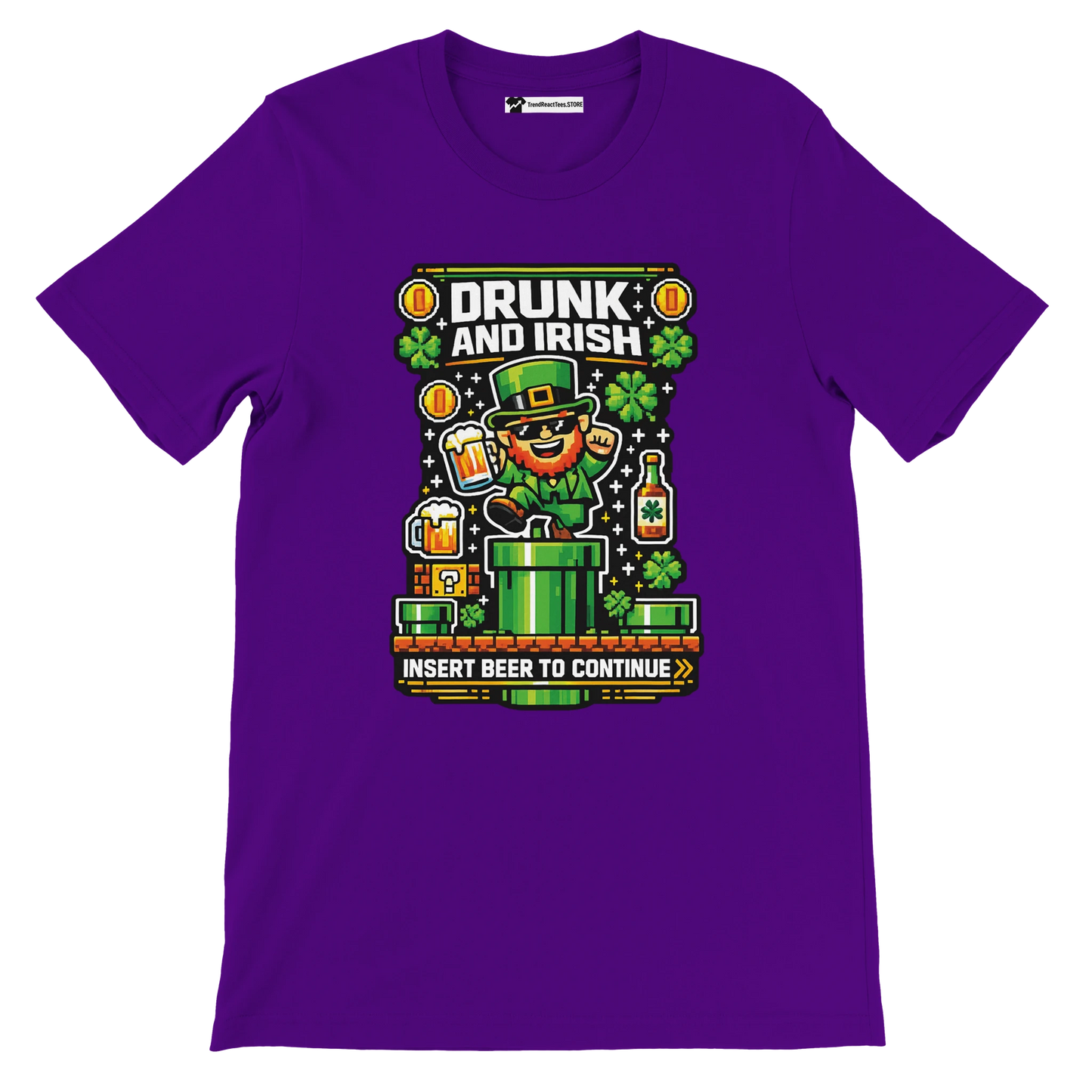 Purple t-shirt with pixel art leprechaun, beer, shamrocks, and 'Drunk and Irish' text for St. Patrick's Day.