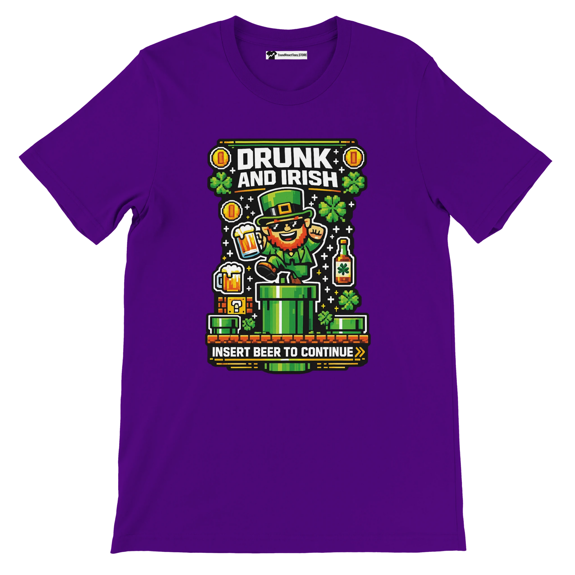 Purple t-shirt with pixel art leprechaun, beer, shamrocks, and 'Drunk and Irish' text for St. Patrick's Day.