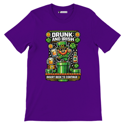 Purple t-shirt with pixel art leprechaun, beer, shamrocks, and 'Drunk and Irish' text for St. Patrick's Day.
