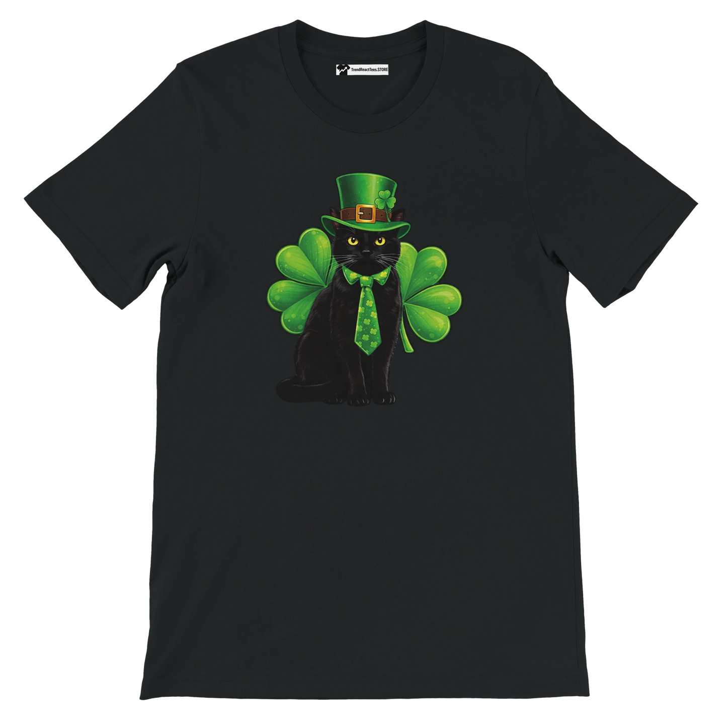 Black t-shirt with anime-style black cat in green leprechaun hat and shamrock bow tie