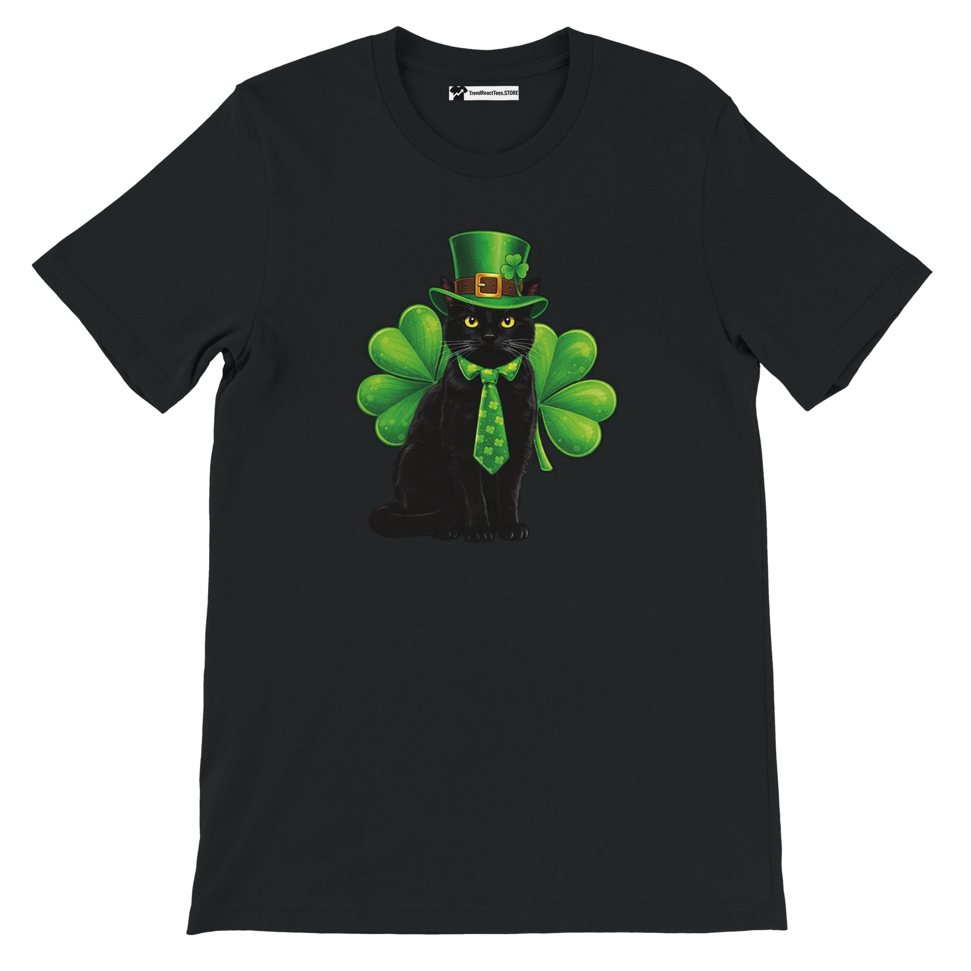 Black t-shirt with anime-style black cat in green leprechaun hat and shamrock bow tie