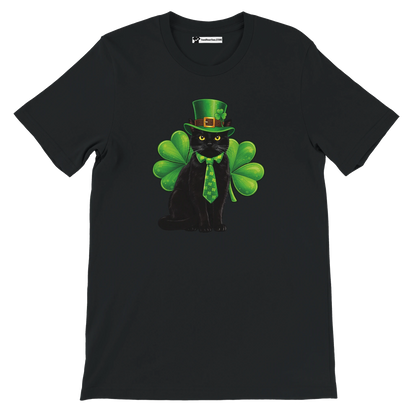 Black t-shirt with anime-style black cat in green leprechaun hat and shamrock bow tie