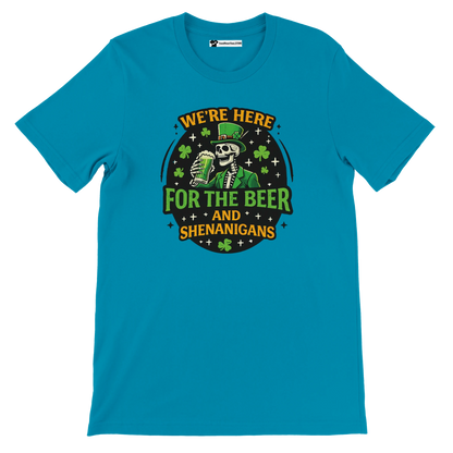 Turquoise t-shirt with skeleton in leprechaun outfit holding beer, shamrocks, festive quote