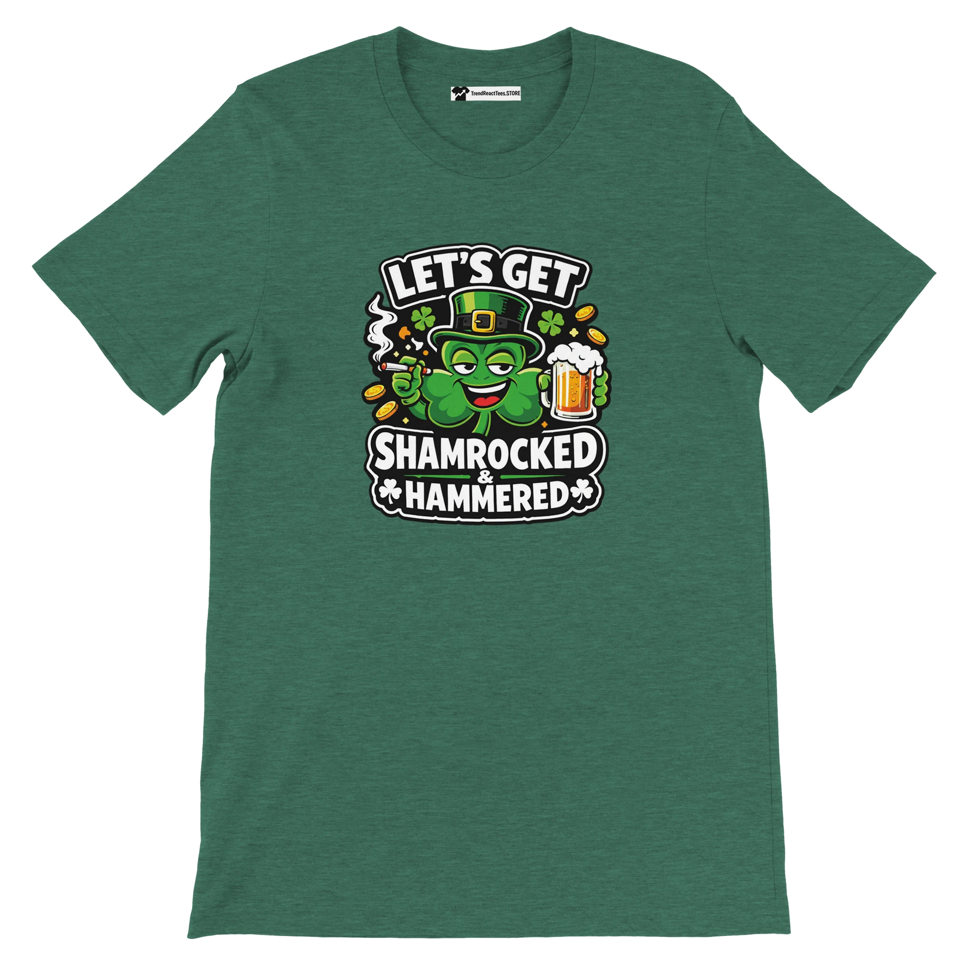 Green St. Patrick's Day t-shirt with cartoon shamrock, beer mug, and 'Let's Get Shamrocked & Hammered' text