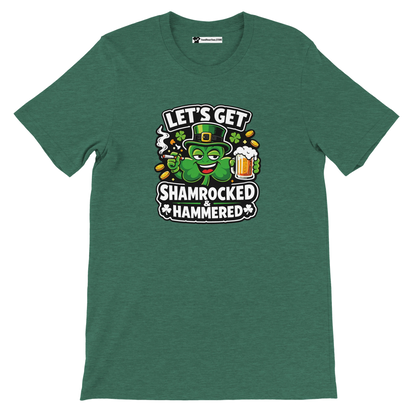 Green St. Patrick's Day t-shirt with cartoon shamrock, beer mug, and 'Let's Get Shamrocked & Hammered' text