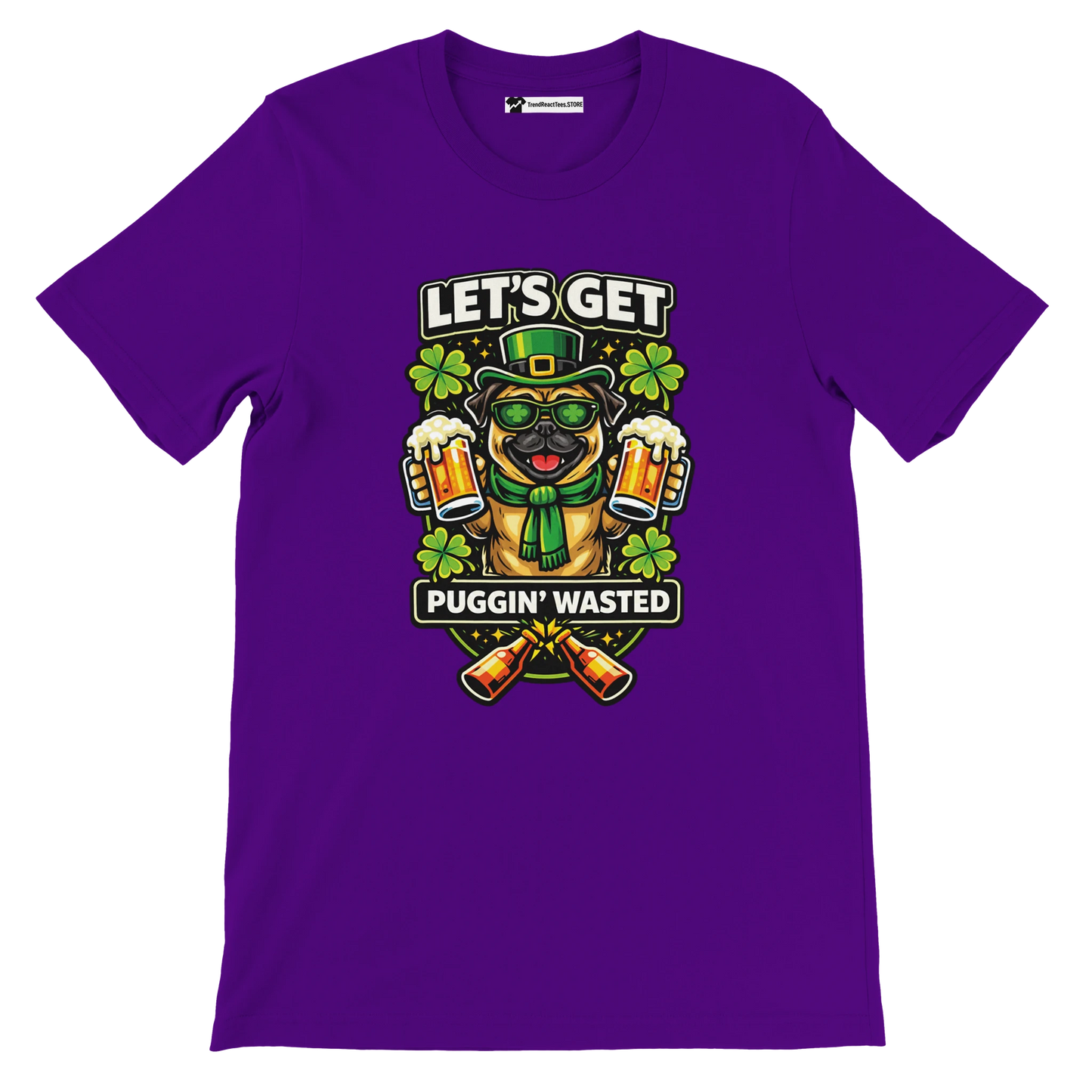 Purple tee with cartoon pug in St. Patrick’s hat, green scarf, beer mugs, and shamrocks graphic