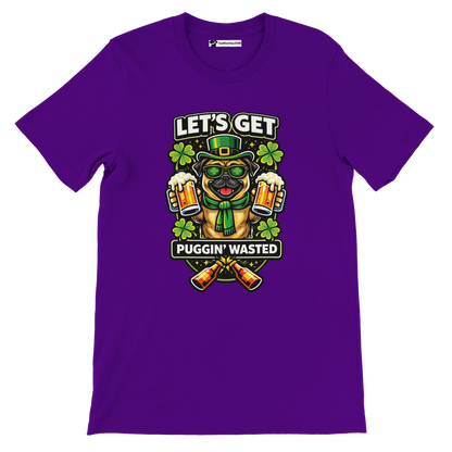 Purple tee with cartoon pug in St. Patrick’s hat, green scarf, beer mugs, and shamrocks graphic