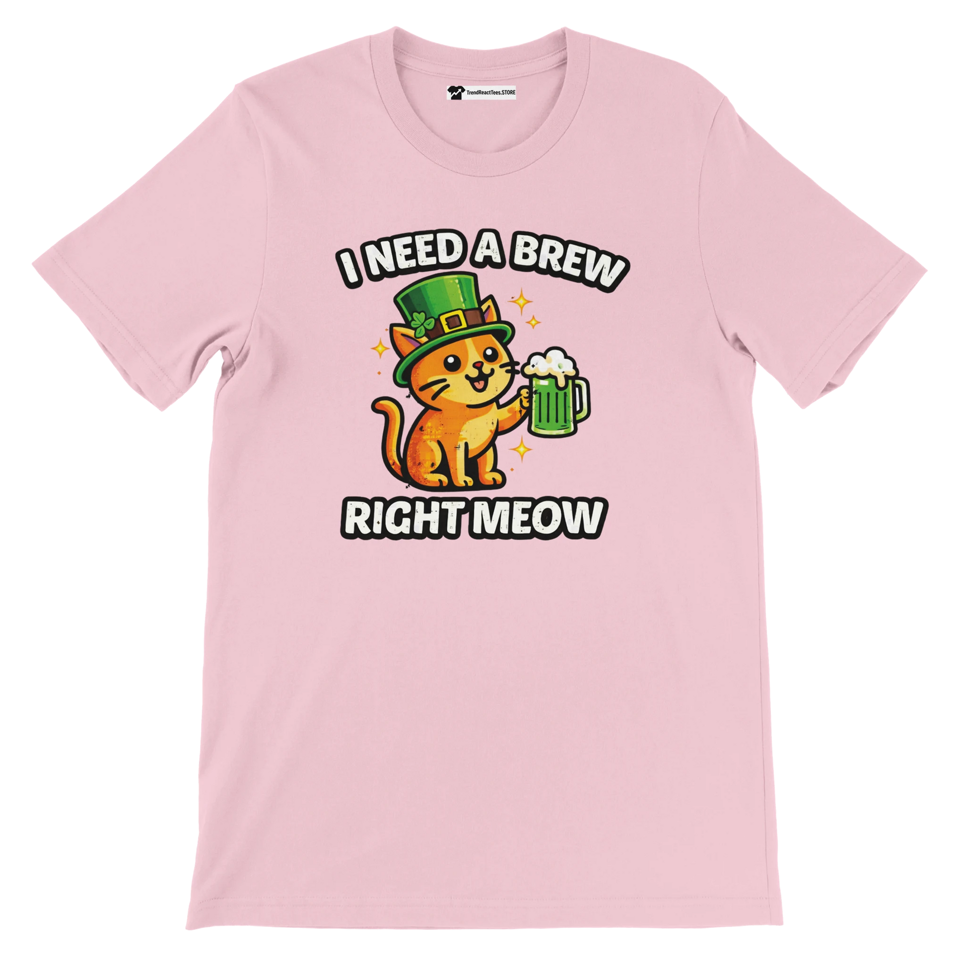 Pink t-shirt with cute cat wearing leprechaun hat holding green beer, St. Patrick's Day tee