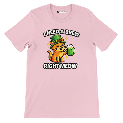 Pink t-shirt with cute cat wearing leprechaun hat holding green beer, St. Patrick's Day tee