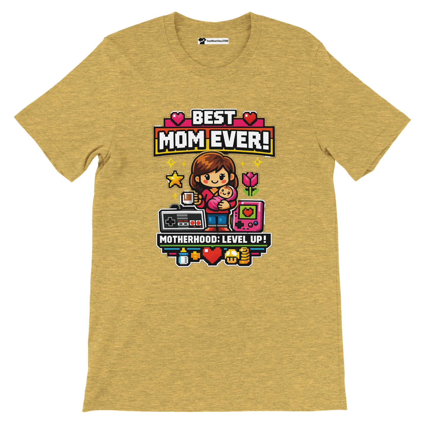 Yellow tee with pixel art mom and baby, game icons, text 'Best Mom Ever!' and 'Motherhood: Level Up!'