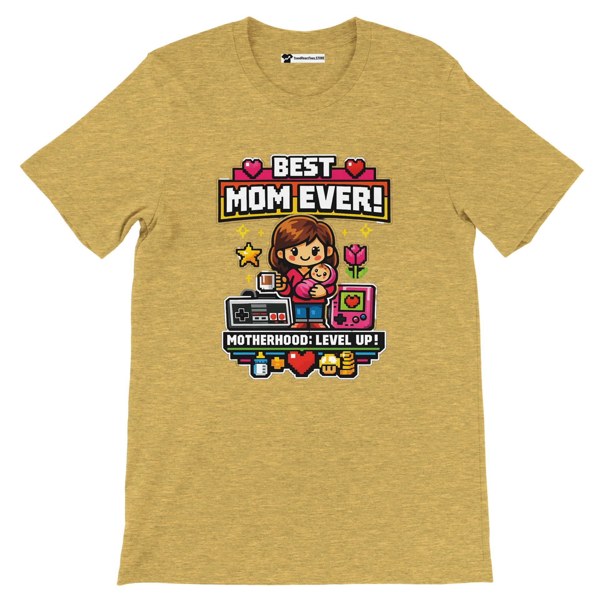 Yellow tee with pixel art mom and baby, game icons, text 'Best Mom Ever!' and 'Motherhood: Level Up!'