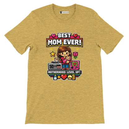 Yellow tee with pixel art mom and baby, game icons, text 'Best Mom Ever!' and 'Motherhood: Level Up!'