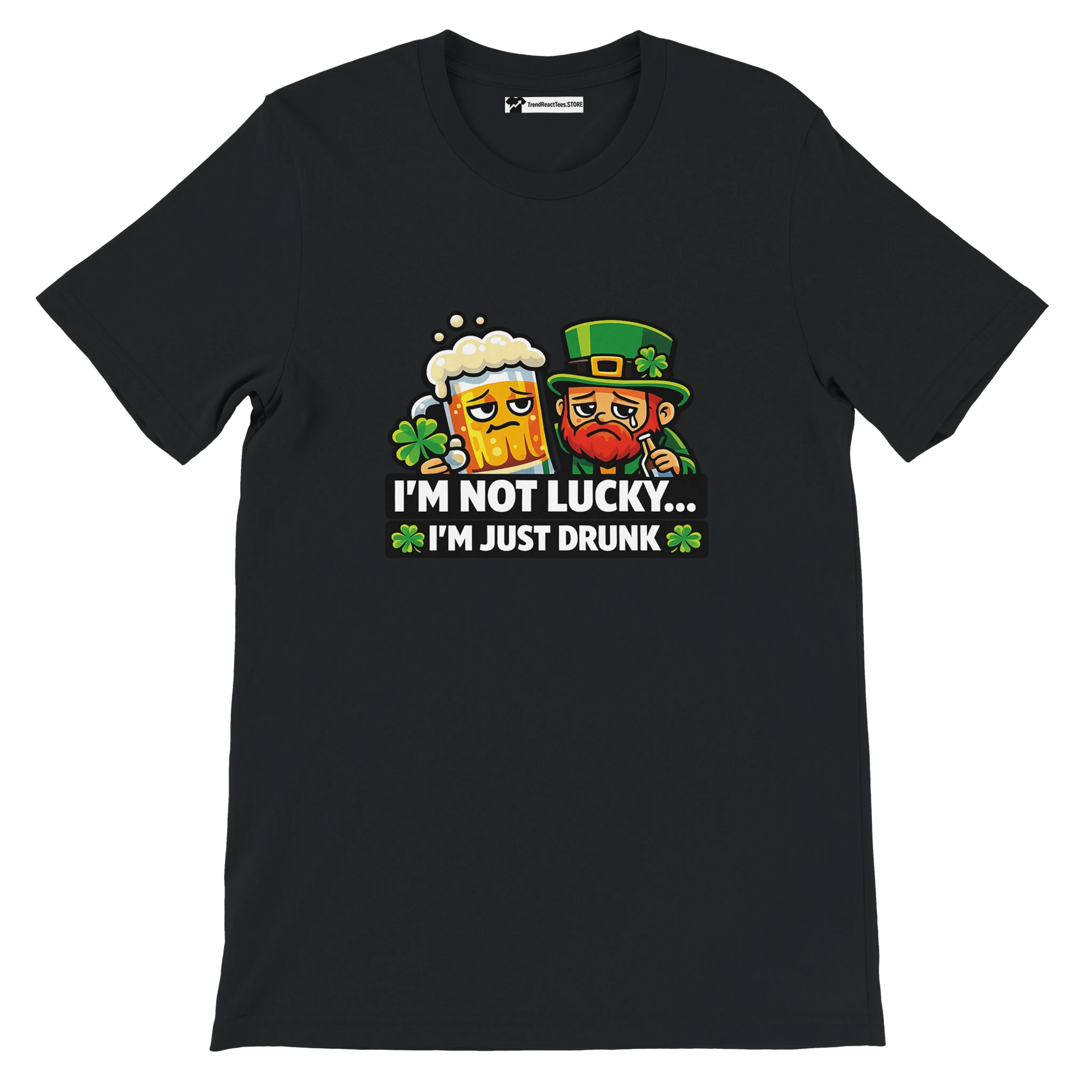 Funny St. Patrick's Day tee with leprechaun and beer, 'I'm Not Lucky... I'm Just Drunk' text