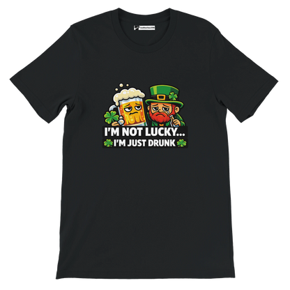 Funny St. Patrick's Day tee with leprechaun and beer, 'I'm Not Lucky... I'm Just Drunk' text