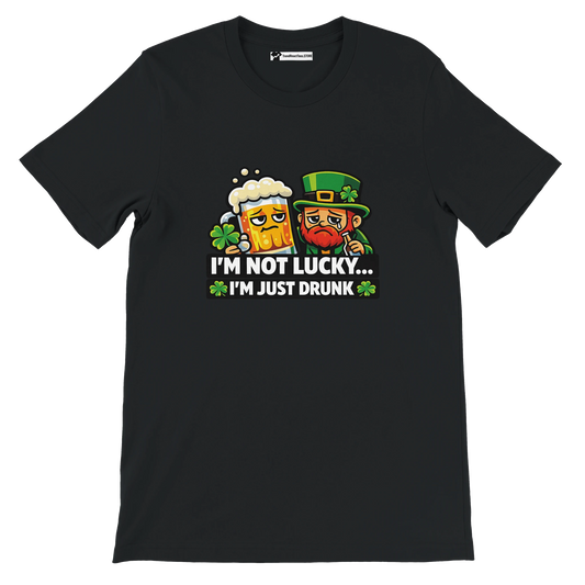 Funny St. Patrick's Day tee with leprechaun and beer, 'I'm Not Lucky... I'm Just Drunk' text