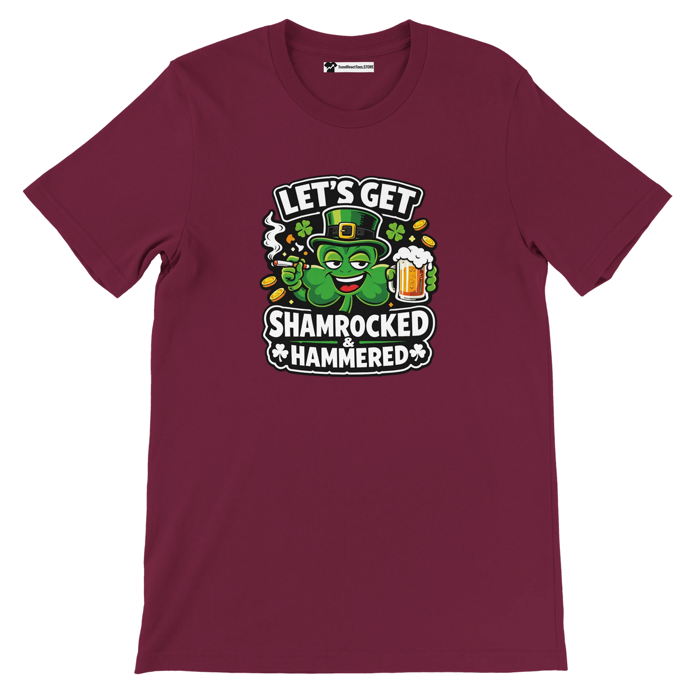 Maroon t-shirt with cartoon shamrock in leprechaun hat, beer mug, and 'Let's Get Shamrocked & Hammered' text.