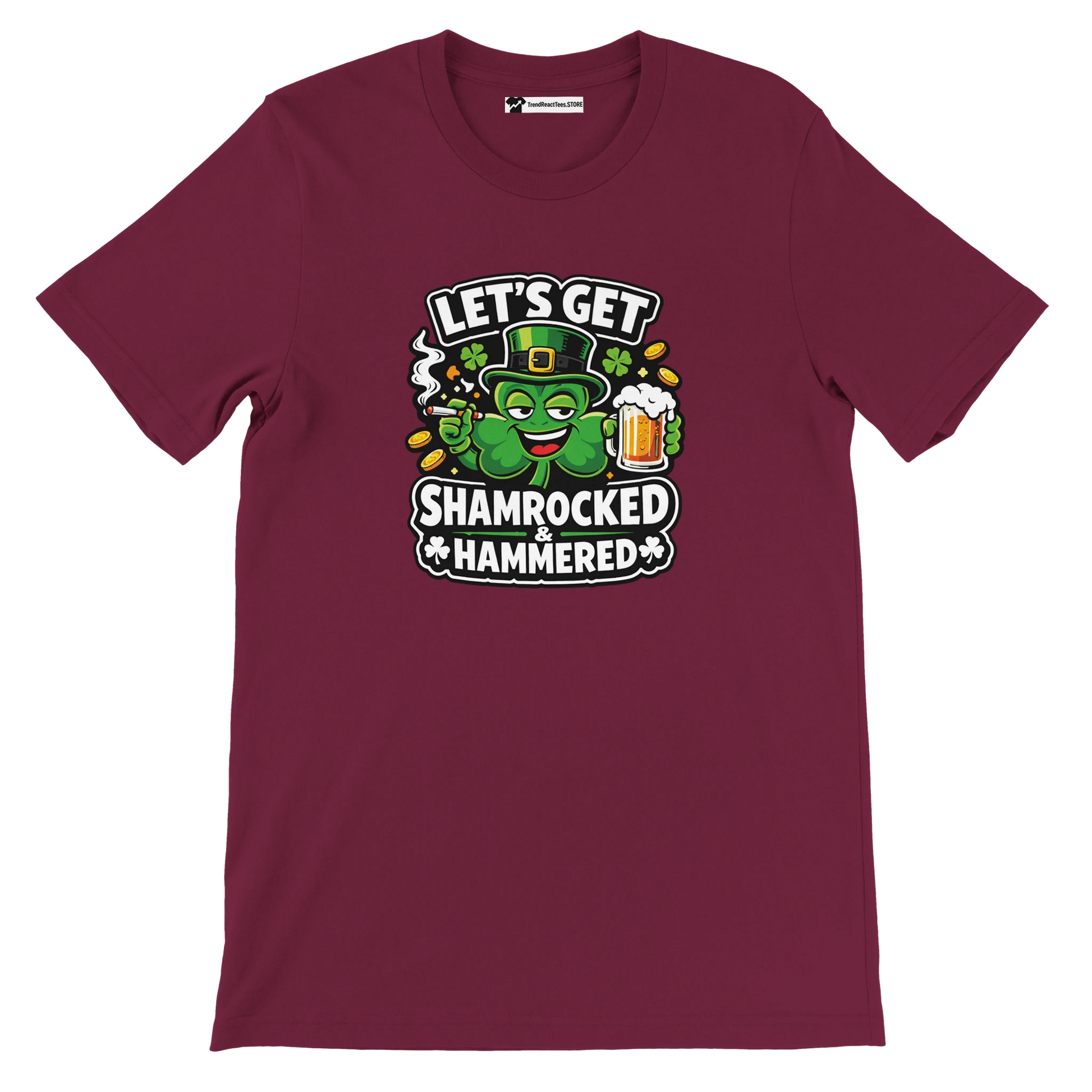 Maroon t-shirt with cartoon shamrock in leprechaun hat, beer mug, and 'Let's Get Shamrocked & Hammered' text.