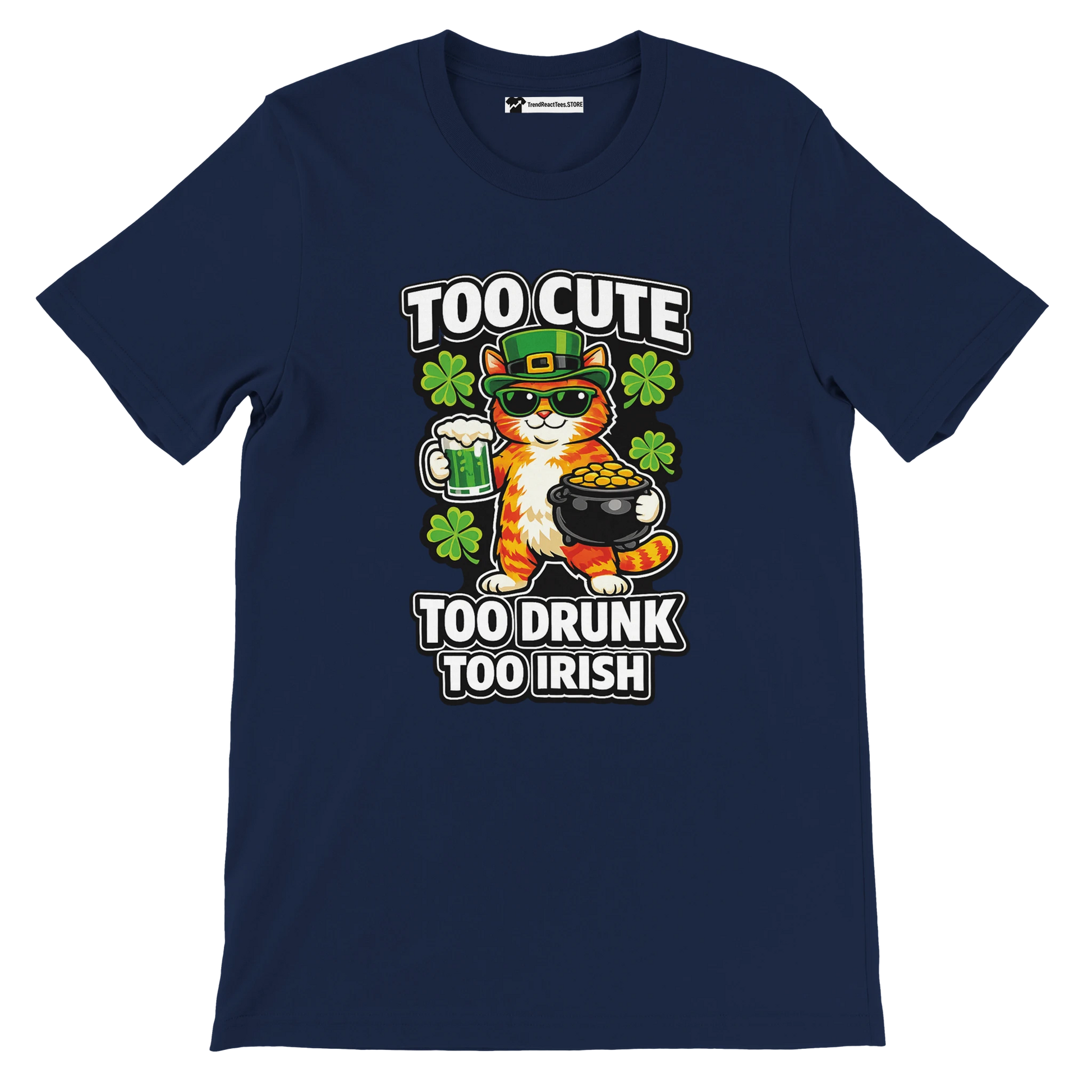 Navy tee featuring cartoon cat in leprechaun hat, holding beer and gold pot, St. Patrick’s Day theme