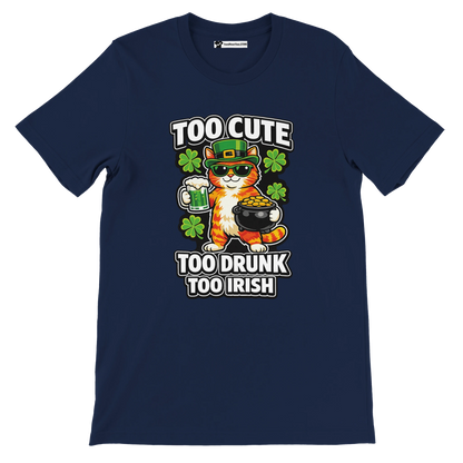 Navy tee featuring cartoon cat in leprechaun hat, holding beer and gold pot, St. Patrick’s Day theme