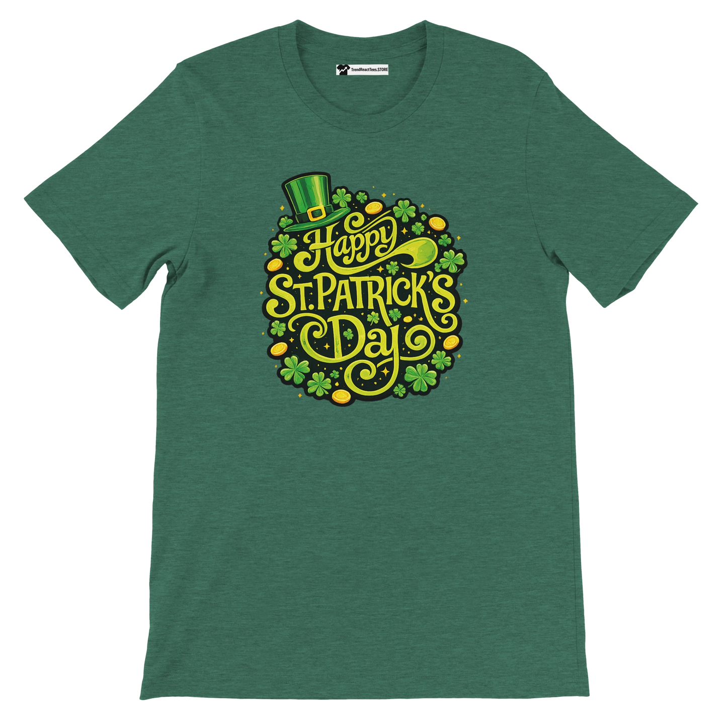 Green St. Patrick's Day t-shirt with clover, gold coins, and a leprechaun hat design