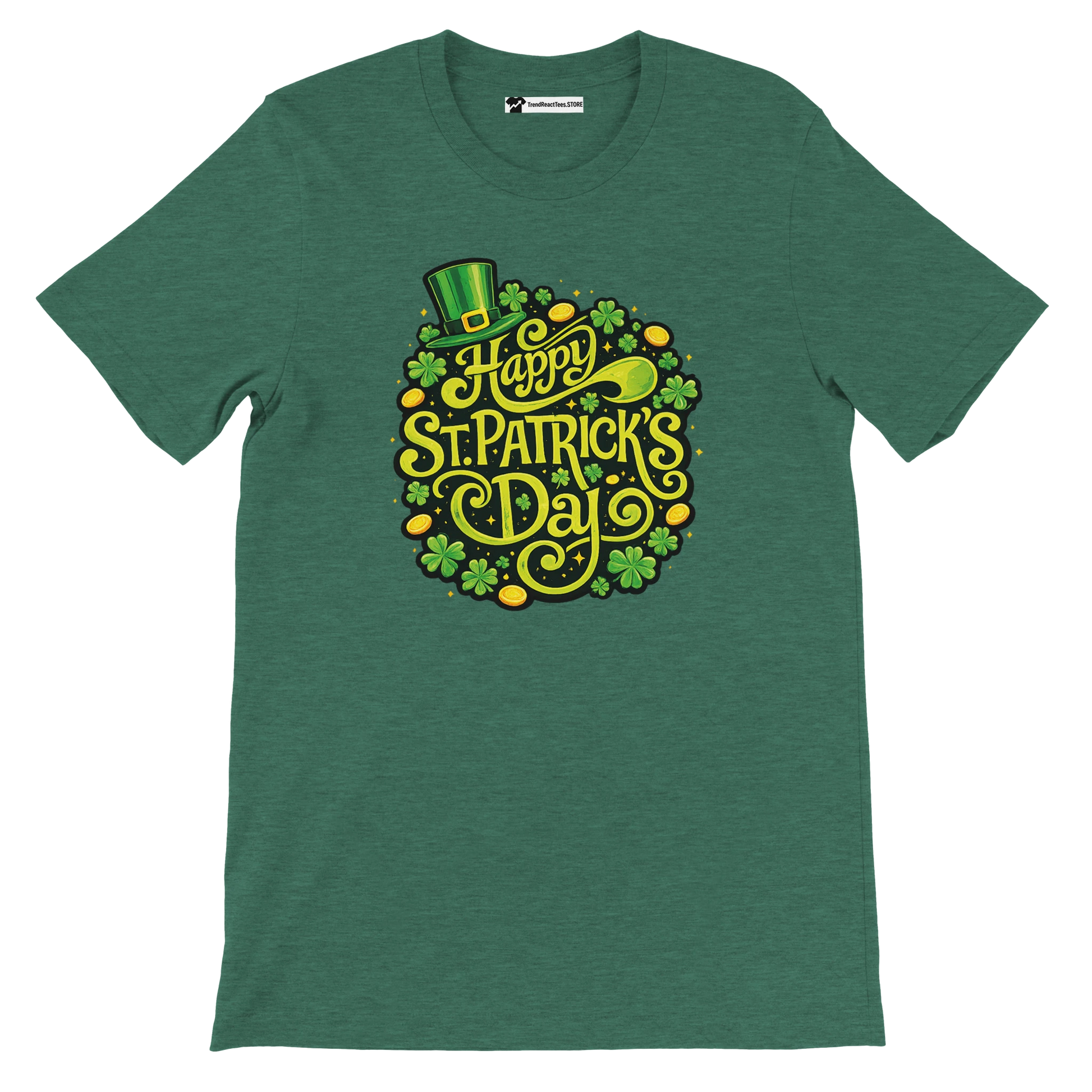Green St. Patrick's Day t-shirt with clover, gold coins, and a leprechaun hat design