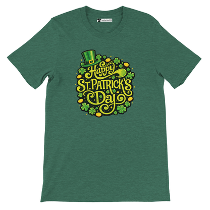 Green St. Patrick's Day t-shirt with clover, gold coins, and a leprechaun hat design