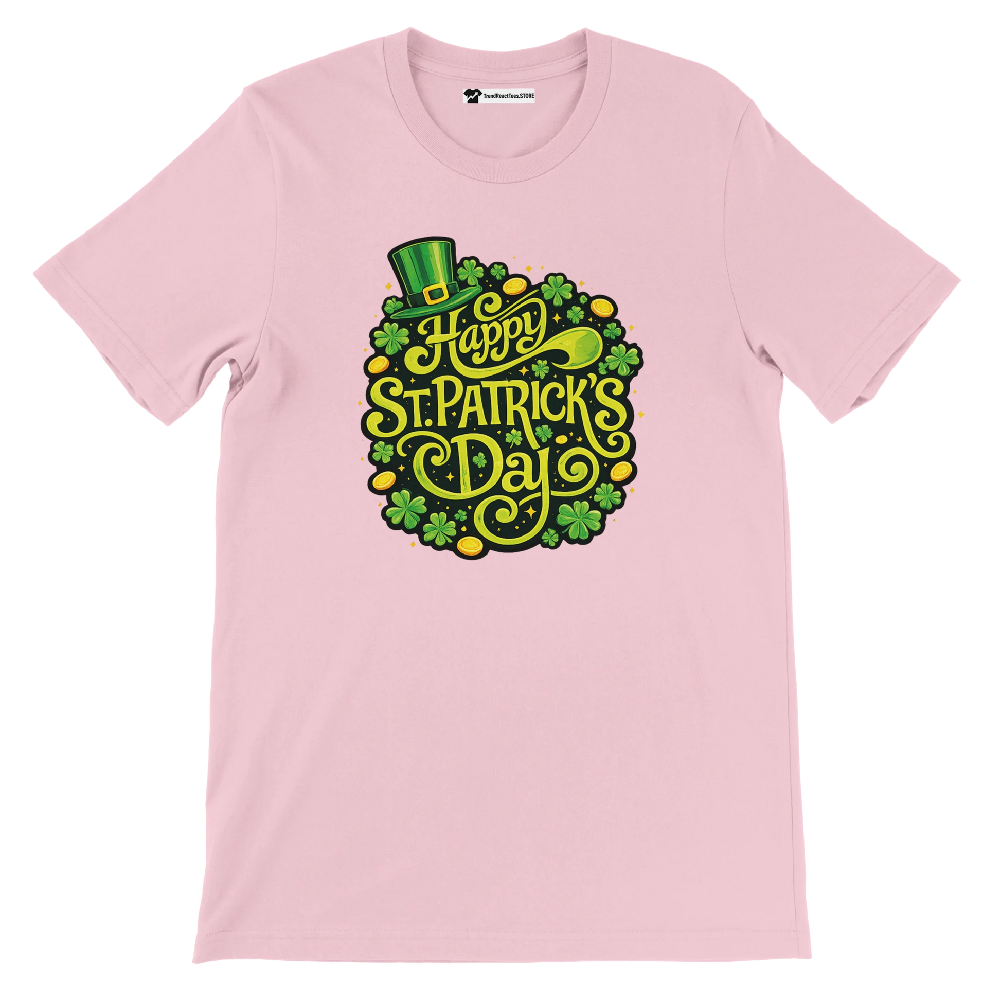 Pink St. Patrick's Day t-shirt with clover and leprechaun hat graphic, festive quote design