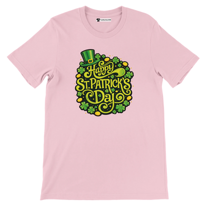 Pink St. Patrick's Day t-shirt with clover and leprechaun hat graphic, festive quote design