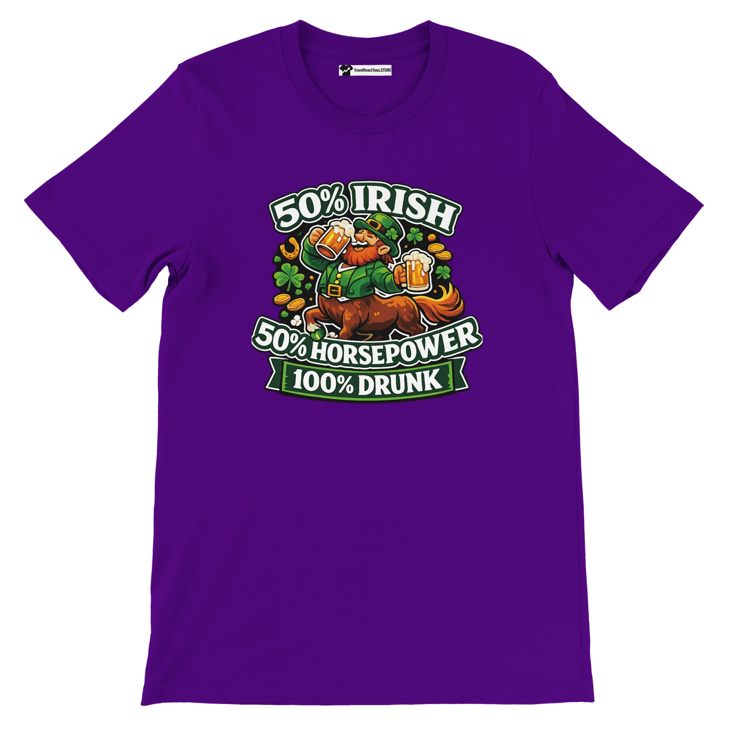 Purple Irish-themed tee with leprechaun, beer, shamrocks, and '50% Irish, 50% Horsepower, 100% Drunk' text