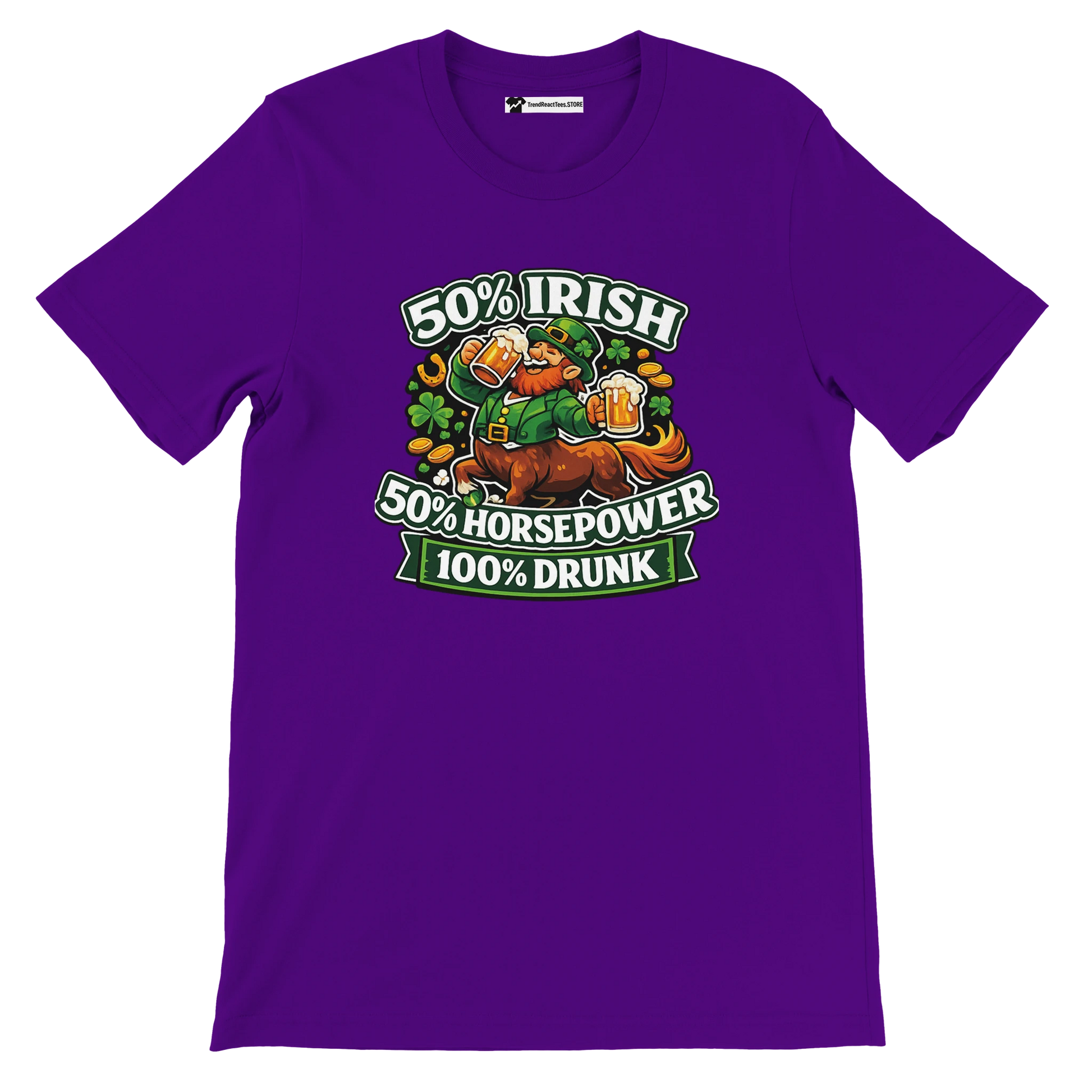 Purple Irish-themed tee with leprechaun, beer, shamrocks, and '50% Irish, 50% Horsepower, 100% Drunk' text