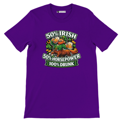 Purple Irish-themed tee with leprechaun, beer, shamrocks, and '50% Irish, 50% Horsepower, 100% Drunk' text