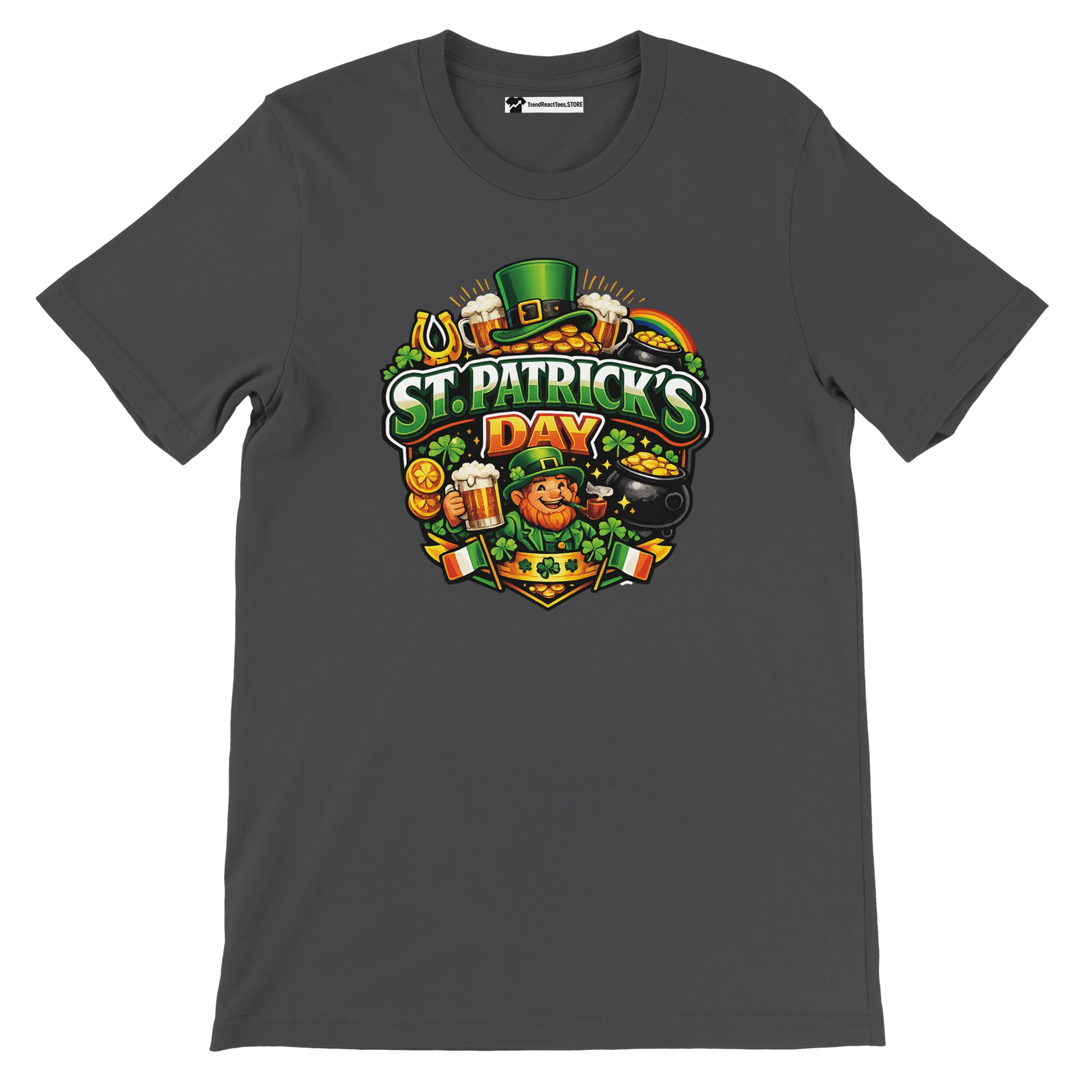 St. Patrick's Day tee with leprechaun, shamrocks, beer, and gold coins design