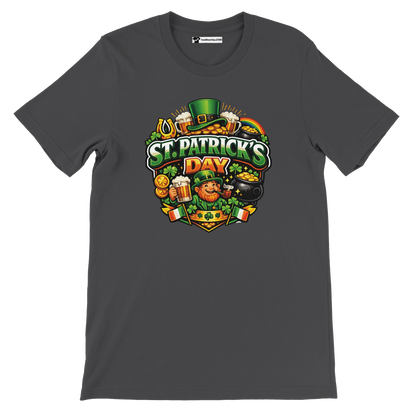 St. Patrick's Day tee with leprechaun, shamrocks, beer, and gold coins design