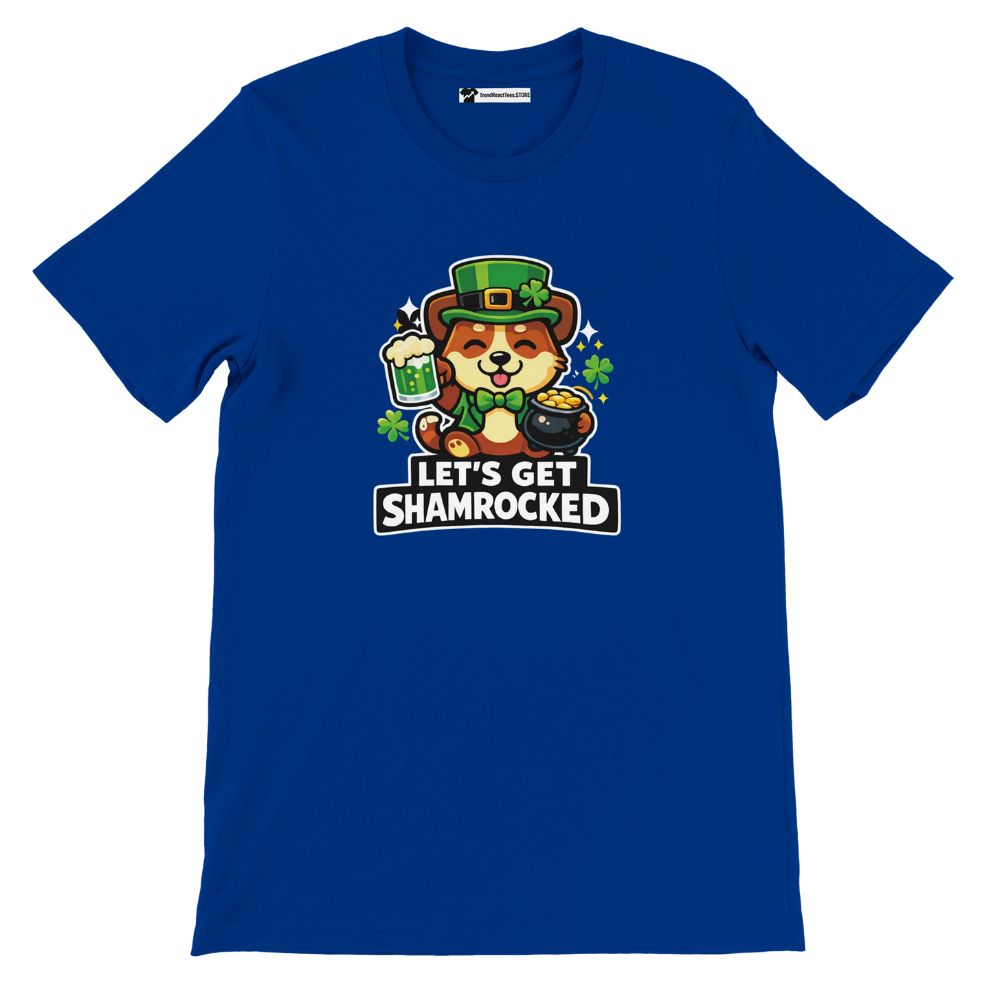 Blue tee with cute anime dog in leprechaun hat, shamrocks, green beer, and 'Let's Get Shamrocked' text