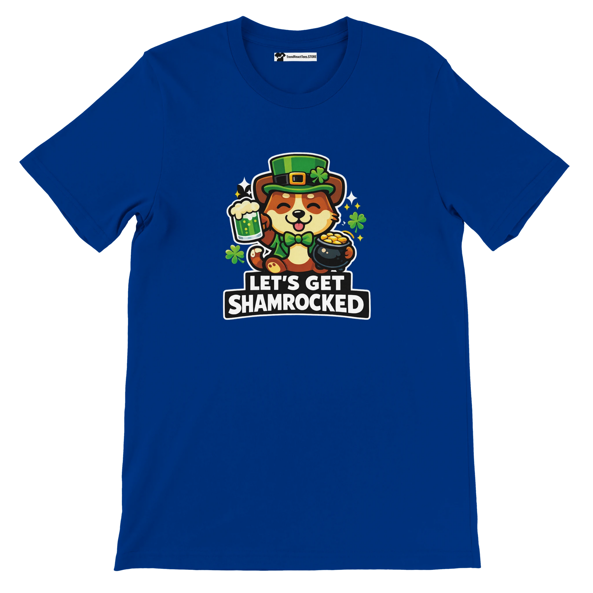 Blue tee with cute anime dog in leprechaun hat, shamrocks, green beer, and 'Let's Get Shamrocked' text